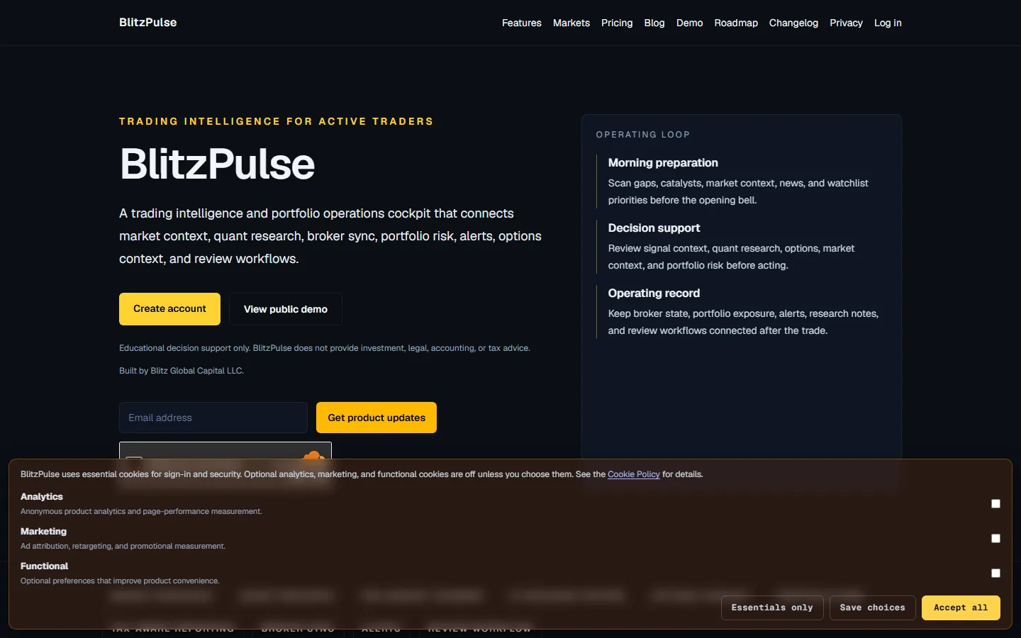 BlitzPulse trading intelligence dashboard showing portfolio and market data